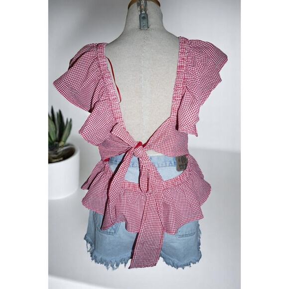 Cottagecore Gingham Peplum Blouse XL – Red White Ruffle Puff Sleeve Back Tie - Picture 5 of 7